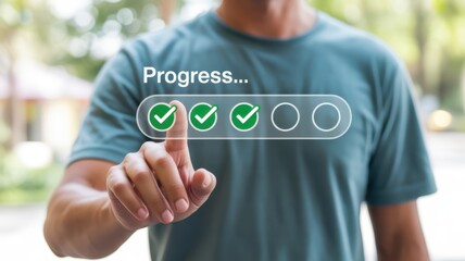 Person interacting with a digital interface displaying step completion status