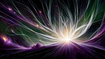 A dynamic, cosmic explosion of light and color emanates from a central point, with swirling purple and green nebulae and distant glowing stars.