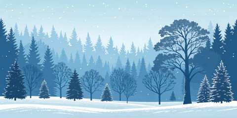 Vector christmas winter landscape with snow covered ground and a dense forest of pine and deciduous trees in blue tones
