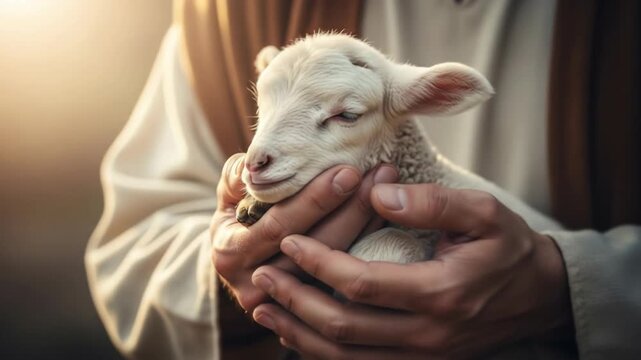Person gently holding a small, adorable baby goat with a peaceful expression in warm, natural lighting
