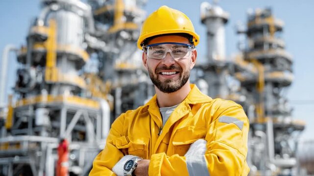 The Confident Engineer at Work: A smiling engineer, radiating confidence, stands proudly amidst an industrial plant setting, wearing protective gear and glasses.