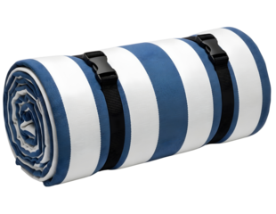 Rolled up blue and white checkered picnic blanket isolated on transparent background