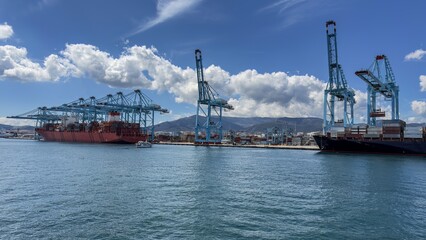 Container ship docked at cargo terminal in Algeciras