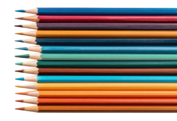 Row of colored pencils in various shades, from blues and greens to reds and oranges