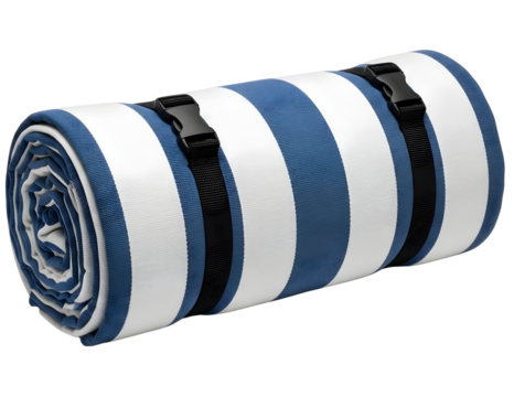 Rolled up blue and white checkered picnic blanket isolated on transparent background