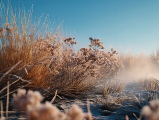 Delicate frost-kissed yellow grass blades and low-lying plants stand in sharp relief under a clear blue sky, with soft side lighting creating cool shadows on the sandy, frosted ground on a winter day