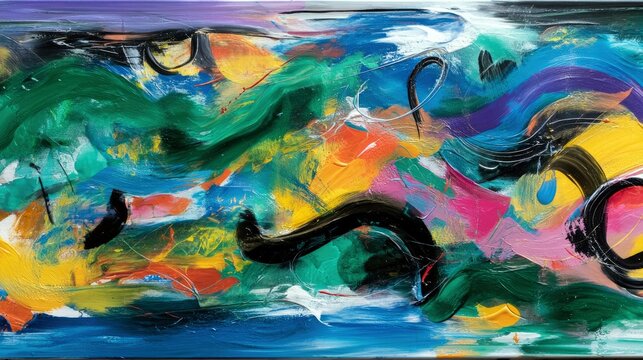 A dynamic abstract painting features energetic brushstrokes in a variety of colors, creating a sense of movement and depth.