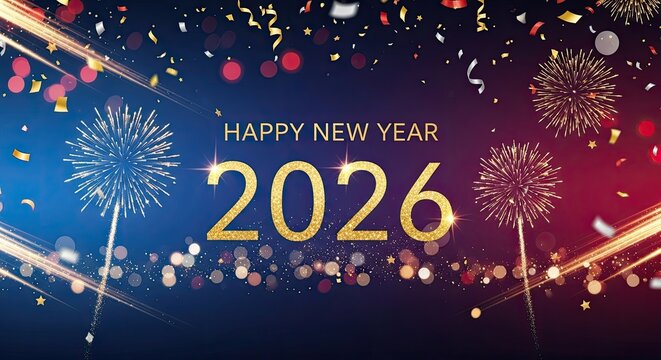 A vibrant celebration with fireworks and confetti against a dark blue background, featuring the year 2026 in gold letters. - Powered by Adobe