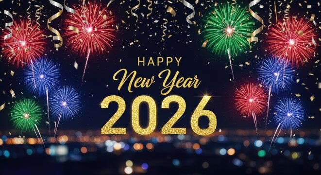 A vibrant night sky with fireworks and confetti, celebrating the New Year 2026.