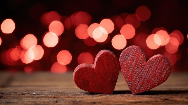 A pair of red wooden hearts are placed on a background with red bokeh lights creating an aesthetically pleasing image. Copy space image. Place for adding text and design Generative Ai - Powered by Adobe