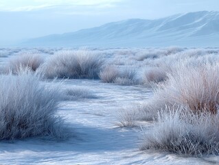 A winding frost-covered path meanders through dense, snow-laden shrubs towards distant, hazy snow-capped mountains under a pale blue sky with soft clouds in this vast winter desert valley.