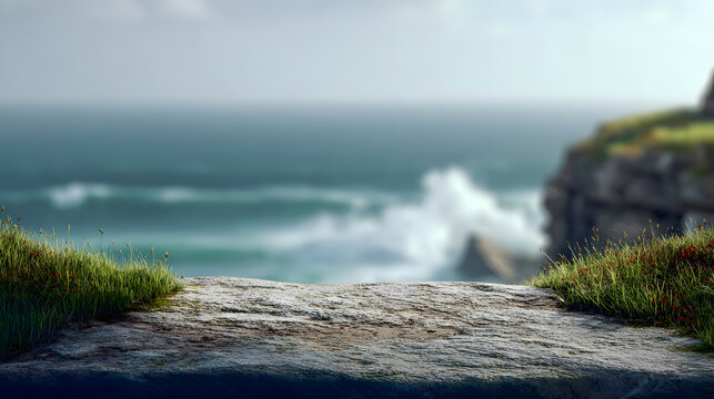 Coastal Rock Ledge with Blurred Ocean Background