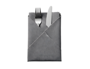 Abstract textured metallic sculpture with knife and fork isolated on transparent background