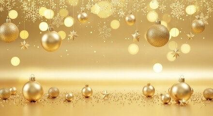 Golden Christmas ornaments and stars on a gold background with bokeh lights.