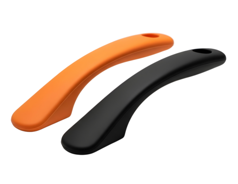 Two curved ergonomic handles one orange one black isolated on transparent background