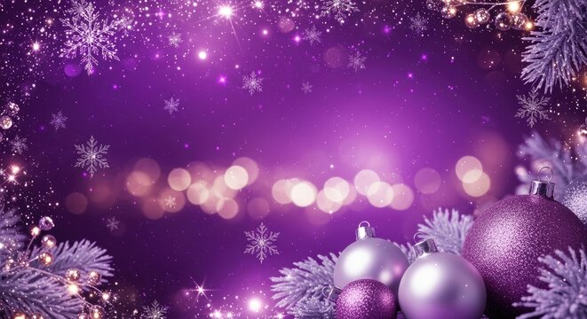 Purple Christmas ornaments and snowflakes on a purple background with bokeh lights.