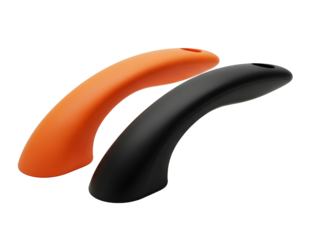 Two curved ergonomic handles one orange one black isolated on transparent background