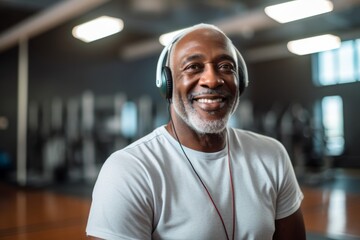 Senior man smiling while listening to music in a gym