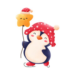Cute watercolor penguin wearing a red Christmas hat and ice skating while holding a star balloon.