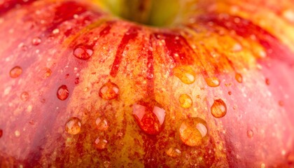 Macro shot of a red and yellow fruit skin, showcasing water droplets and texture