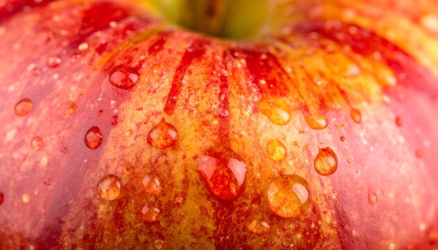 Macro shot of a red and yellow fruit skin, showcasing water droplets and texture