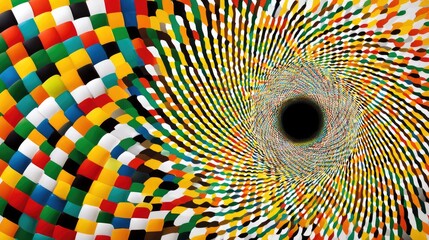 A dynamic, swirling vortex composed of colorful squares on the left transitioning into a pattern of dots spiraling towards a dark center.