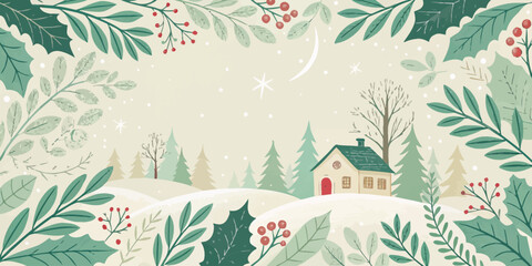 Vector christmas illustration of a winter landscape with a house, trees, snow, and decorative leaves around the edges