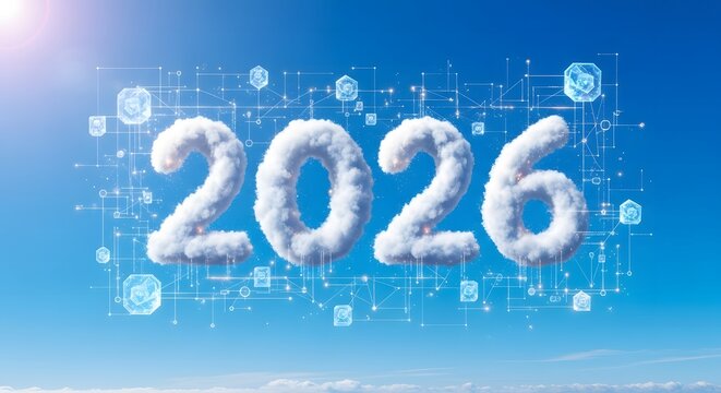 Cloudy 2026 year number floating in a blue sky