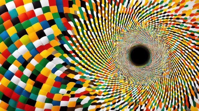A dynamic, swirling vortex composed of colorful squares on the left transitioning into a pattern of dots spiraling towards a dark center.