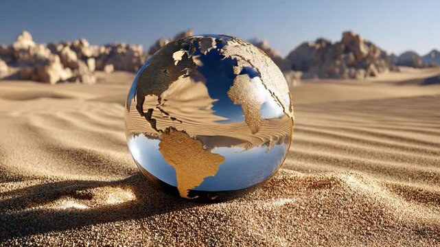 World in sand: A clear glass sphere, mirroring the world's continents and oceans, rests on sand, offering a striking visual commentary on environment.