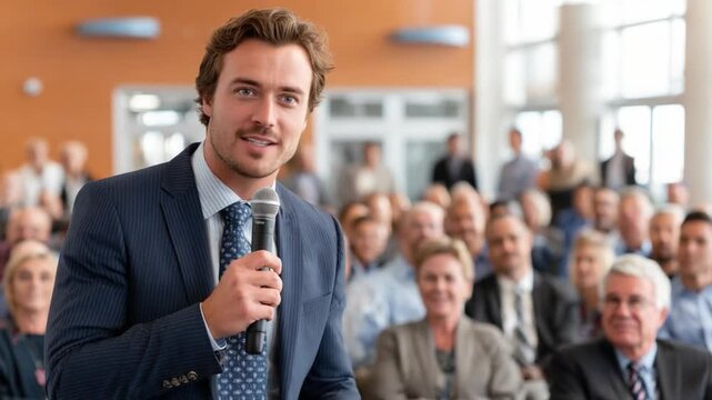 Conference Speaker: An elegant speaker, microphone in hand, addresses a captivated audience in a professional conference setting. The speaker exudes confidence and knowledge.