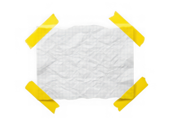 Crumpled paper note taped with yellow masking tape isolated on transparent background