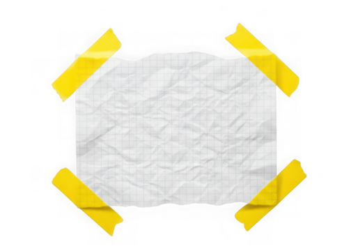 Crumpled paper note taped with yellow masking tape isolated on transparent background