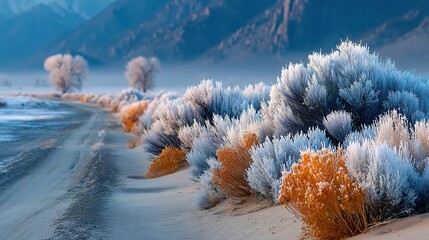A winding dirt road cuts through a frost-kissed desert landscape dotted with pale blue shrubs and distant frost-covered trees, leading towards hazy mountains under a cold, atmospheric winter sky.