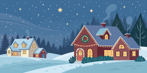 Vector christmas illustration of winter scene with snow covered houses decorated for christmas under a starry night sky