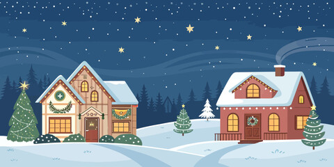 Vector christmas two houses decorated for christmas in a snowy landscape under a starry night winter scene view image