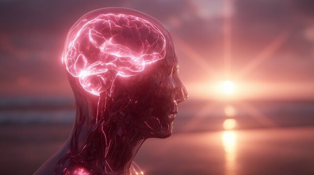 A luminous brain housed within a semi-transparent man’s head glows in striking pink as the sun sets behind him, creating a captivating contrast against the dark backdrop. The sun's