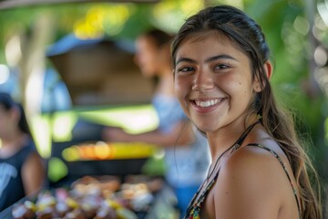 Young woman smiling at a barbecue gathering outdoors