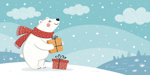 Vector christmas illustration of a polar bear wearing a scarf and holding gifts in a snowy winter landscape scene