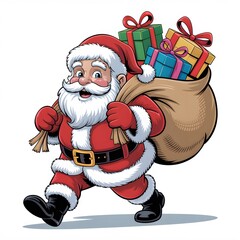 Cheerful Santa Claus Walking with Sack Full of Colorful Christmas Gifts