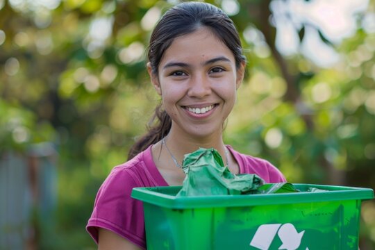 Young woman smiling while holding a recycling bin outdoors