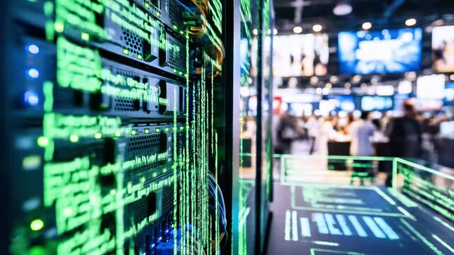 Server racks with glowing green lines, with a blurred conference in the background - Powered by Adobe