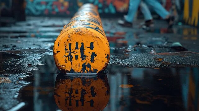 A yellow traffic cone sits on top of a puddle of water, ready for use on construction or roadwork sites