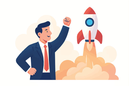 Illustration of a successful businessman celebrating with a rocket launch symbolizing startup growth and achievement