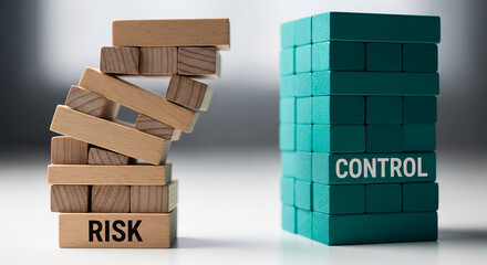 Wooden blocks stacked unevenly, with "risk" printed on one, juxtaposed with a solid, green block tower labeled "control", representing management balance