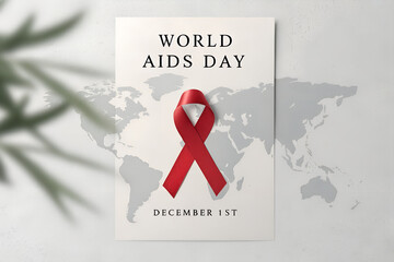 World AIDS Day poster with central red ribbon and faint world map background, symbolizing global HIV awareness and solidarity on December 1st. generative ai