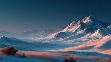 Majestic, snow-capped mountains with sharp ridges stand under a deep blue sky, with vast snowfields and scattered, low-lying shrubs in the foreground, creating a grand, cold, and serene winter scene.