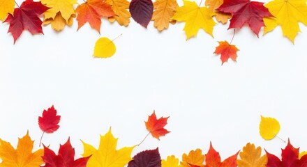 Fototapeta premium Vibrant fall leaves frame on white background with copy space