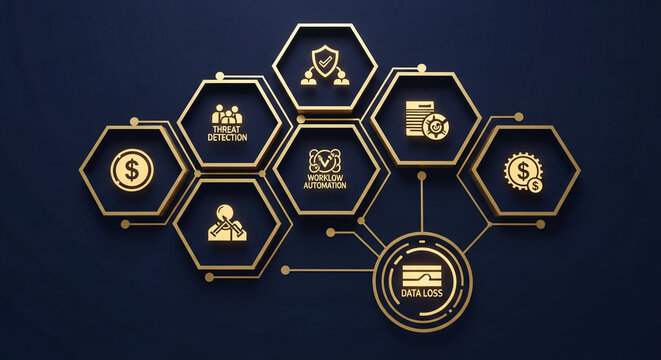 Image of golden hexagons connected on dark blue backdrop, representing cybersecurity process, including threat detection and data loss prevention, network - Powered by Adobe