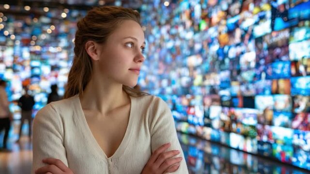 Digital Reflection: A woman stands captivated before a wall of vibrant screens, lost in contemplation amidst a sea of digital information, highlighting technological marvels.